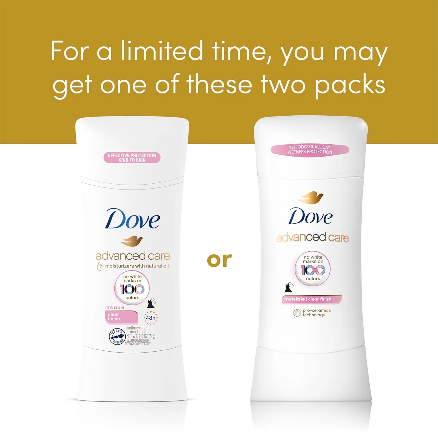 Dove Advanced Care Antiperspirant Deodorant Stick Clear Finish 4 Count deodorant that doesn’t stain clothes 72-hour odor control and all-day sweat protection with Pro-Ceramide Technology 2.6 oz