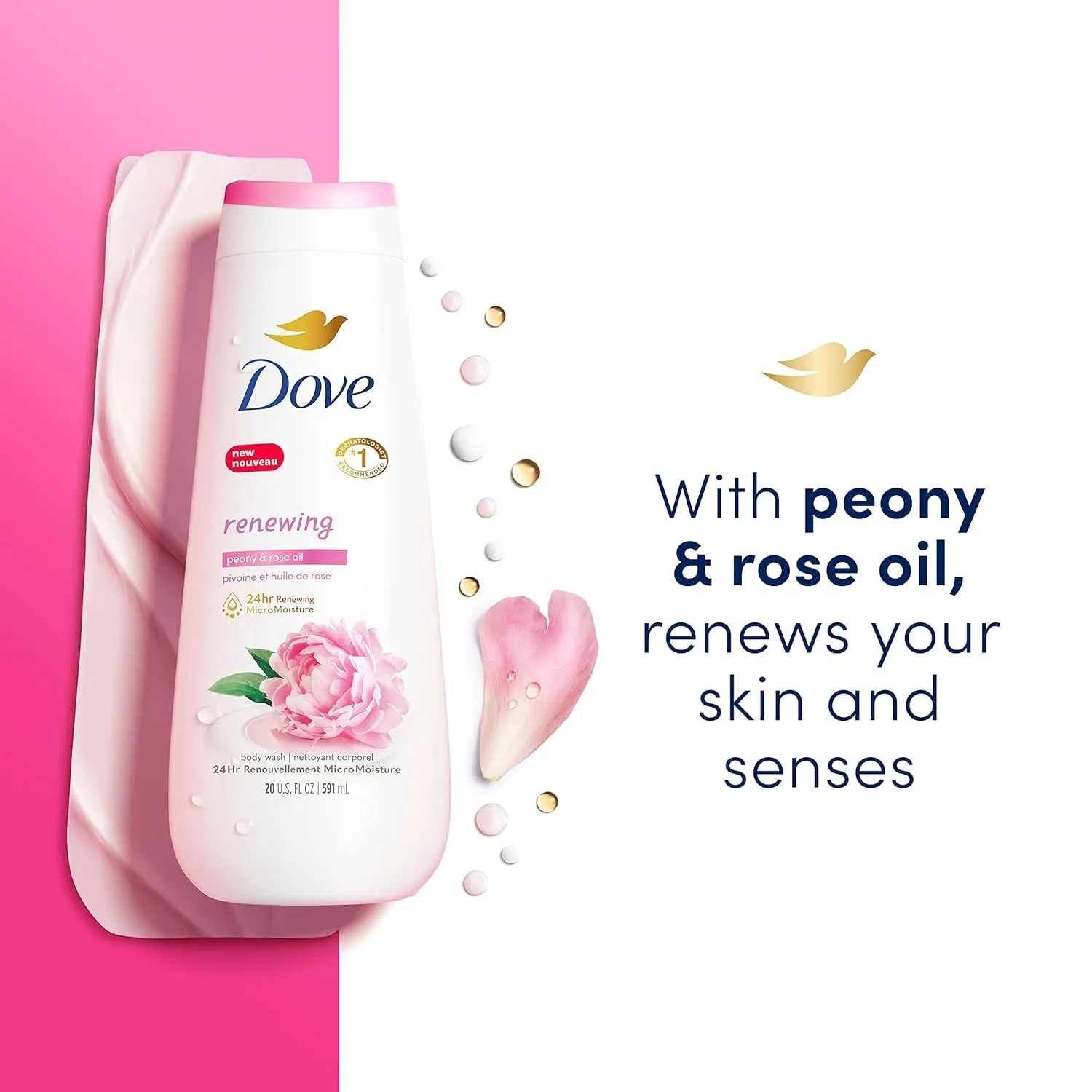Dove Body Wash 4 Count Renewing Peony and Rose Oil for Renewed, Healthy-Looking Skin Gentle Skin Cleanser with 24hr Renewing MicroMoisture 20 oz
