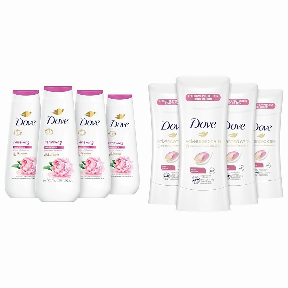 Dove Body Wash Renewing Peony and Rose Oil 4 Count for Renewed & Antiperspirant Deodorant Stick 48 Hour Protection And Soft