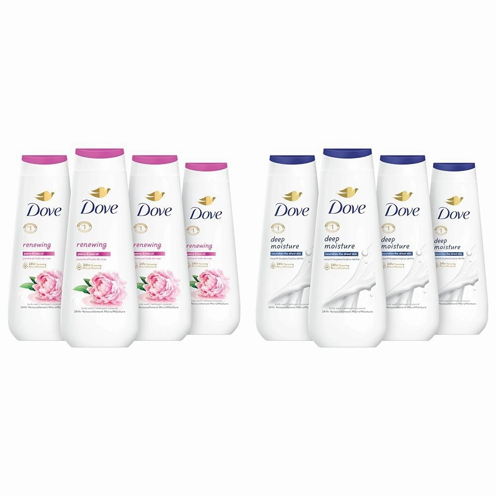 Dove Body Wash Renewing Peony and Rose Oil 4 Count for Renewed & Body Wash Deep Moisture 4 Count For Dry Skin Moisturizing Skin Cleanser