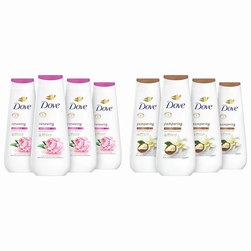 Dove Body Wash Renewing Peony and Rose Oil 4 Count for Renewed & Body Wash Pampering Shea Butter & Vanilla 4 Count for Renewed