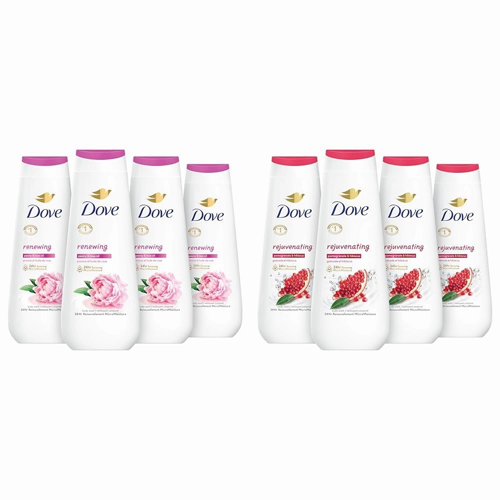 Dove Body Wash Renewing Peony and Rose Oil 4 Count for Renewed & Body Wash Rejuvenating Pomegranate & Hibiscus 4 Count for Renewed