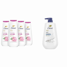 Dove Body Wash Renewing Peony Rose Oil 4 Count 20 oz & Deep Moisture Dry Skin 30.6 oz