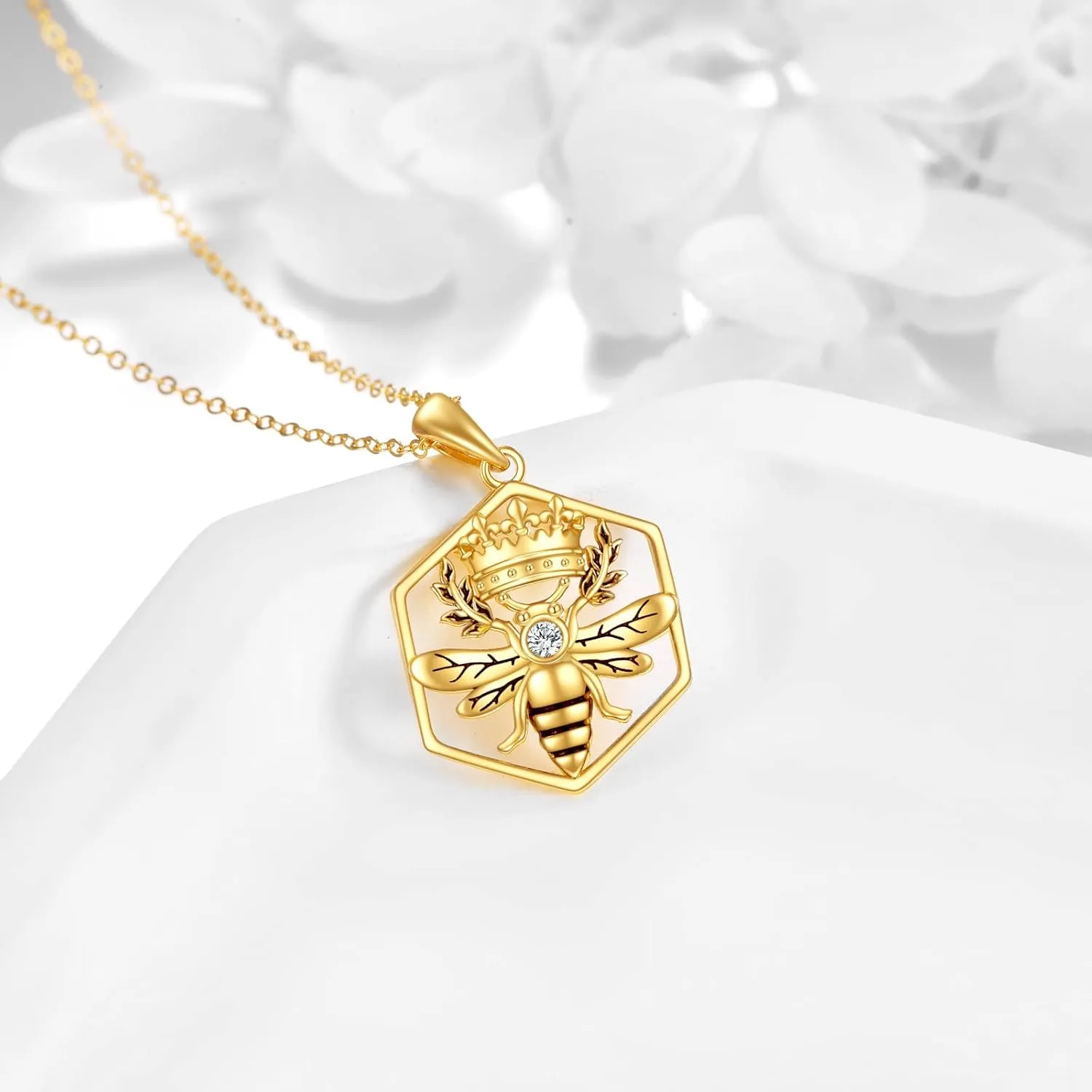 DOVRAN 14K Solid Yellow Gold Bee Necklace Jewelry for Women Queen Bee Pendant Honeycomb Crown Birthday Gift for Her Wife