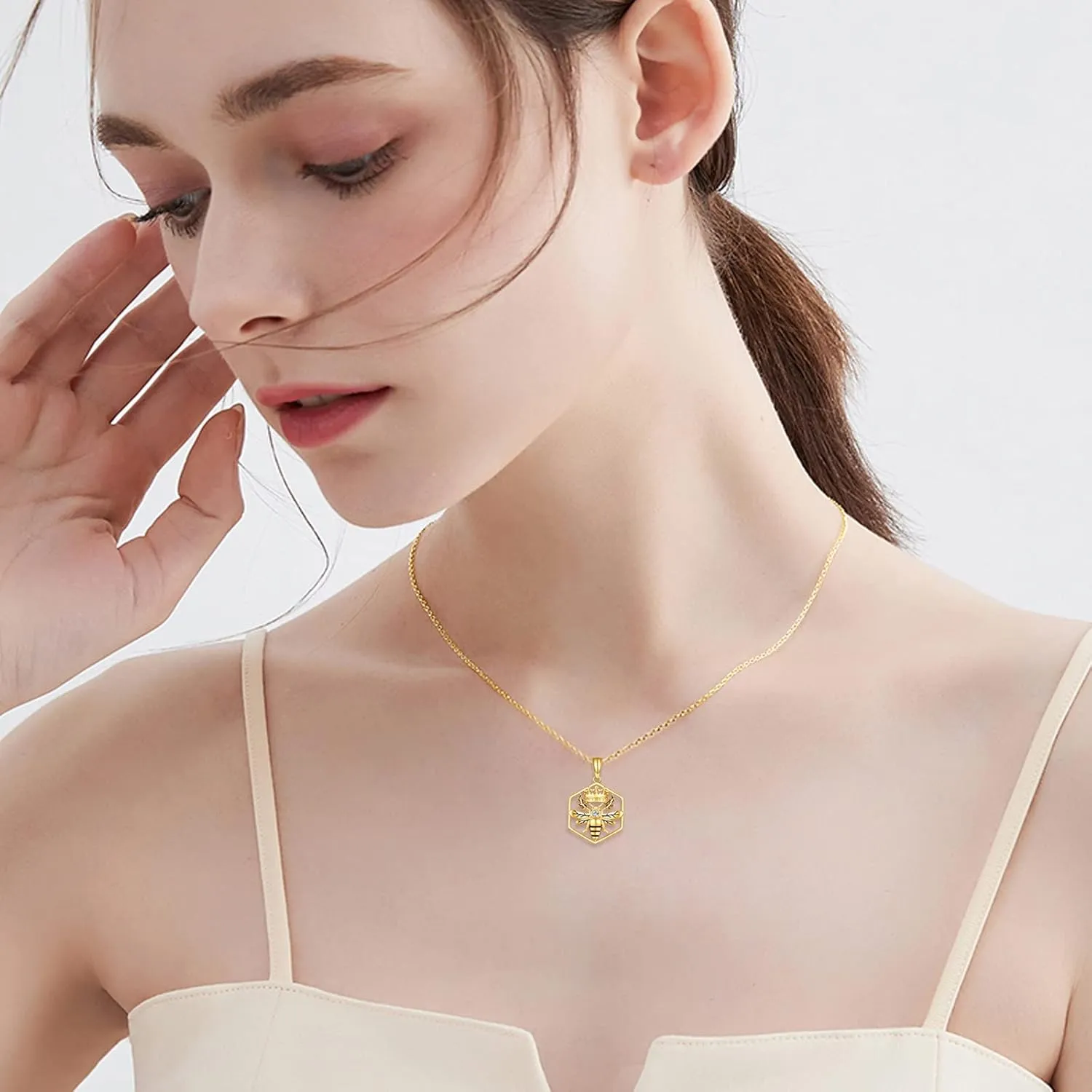 DOVRAN 14K Solid Yellow Gold Bee Necklace Jewelry for Women Queen Bee Pendant Honeycomb Crown Birthday Gift for Her Wife