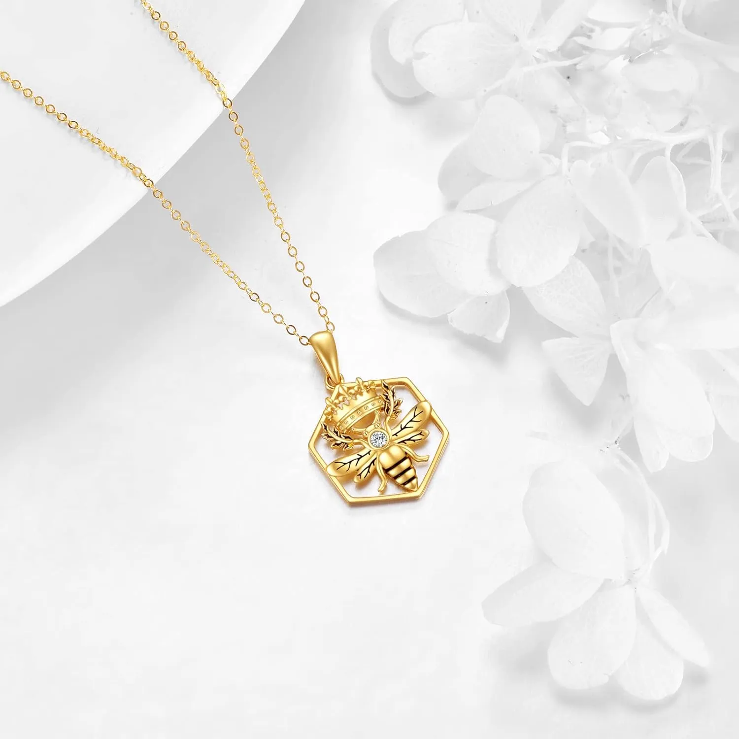 DOVRAN 14K Solid Yellow Gold Bee Necklace Jewelry for Women Queen Bee Pendant Honeycomb Crown Birthday Gift for Her Wife