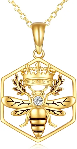 DOVRAN 14K Solid Yellow Gold Bee Necklace Jewelry for Women Queen Bee Pendant Honeycomb Crown Birthday Gift for Her Wife