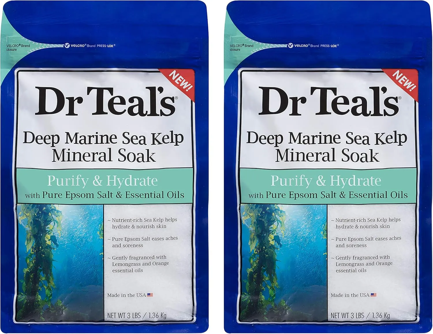 Dr Teal's Epsom Salt Sea Kelp Sea Mineral Bath Soaking Solution - Purify & Hydrate - Pack of 2, 3 lb Resealable Bags - Moisturize Your Skin, Relieve Stress and Sore Muscles