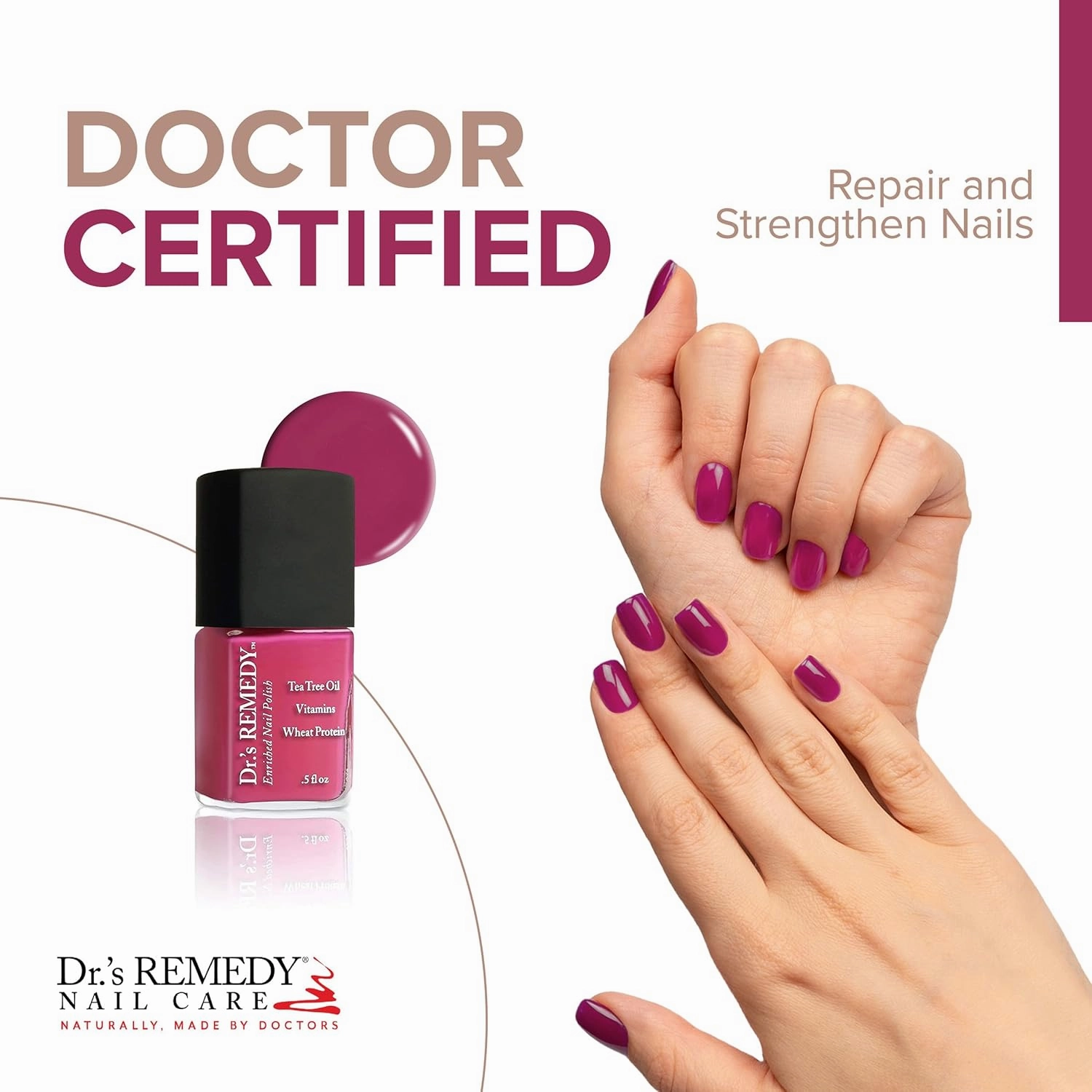 Dr’s Remedy Enriched Nail Polish: Non Toxic, All Natural, and Organic - Doctor Formulated: Strengthens, Restores, Heals, and Protects '24-Free' - HOPEFUL Hot Pink