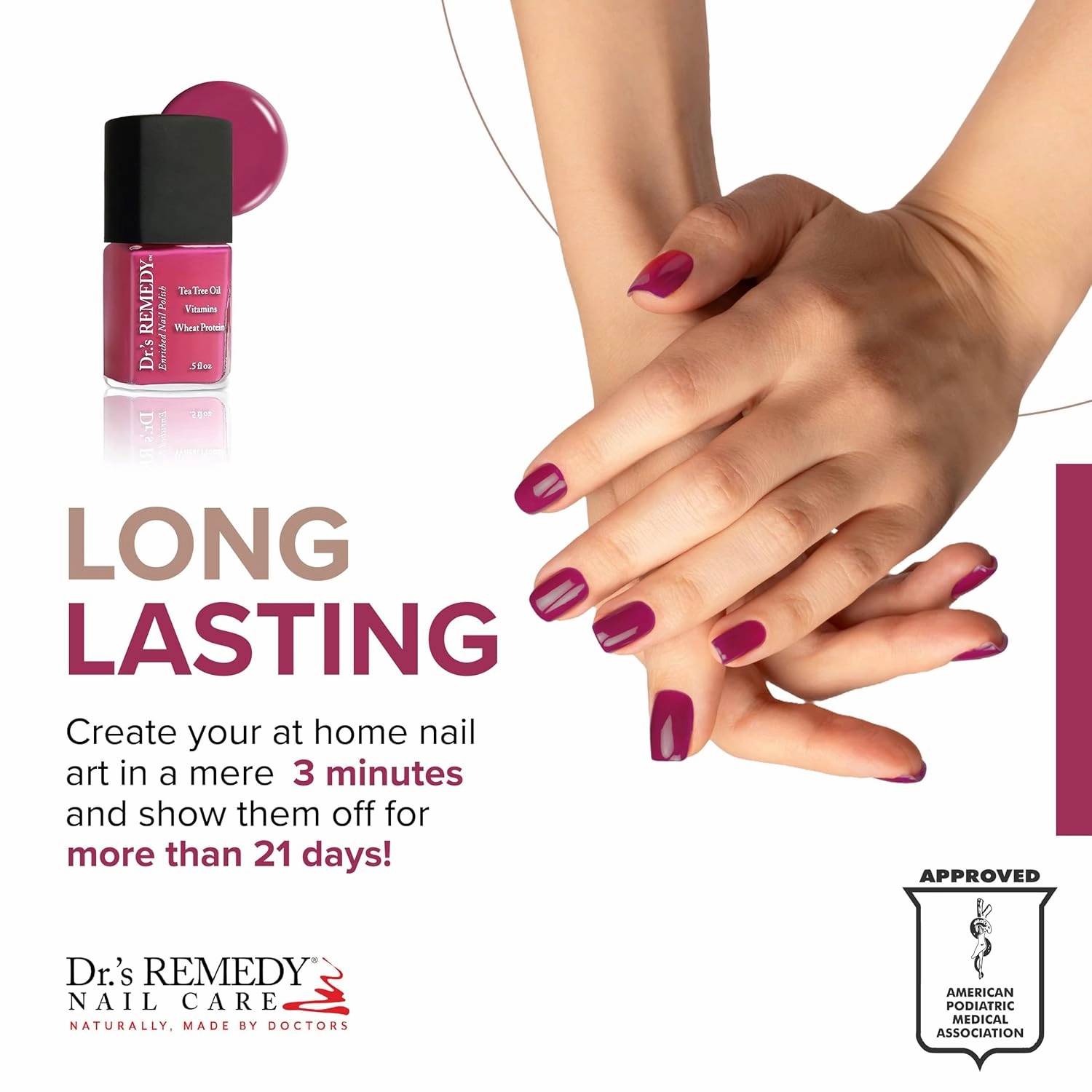 Dr’s Remedy Enriched Nail Polish: Non Toxic, All Natural, and Organic - Doctor Formulated: Strengthens, Restores, Heals, and Protects '24-Free' - HOPEFUL Hot Pink
