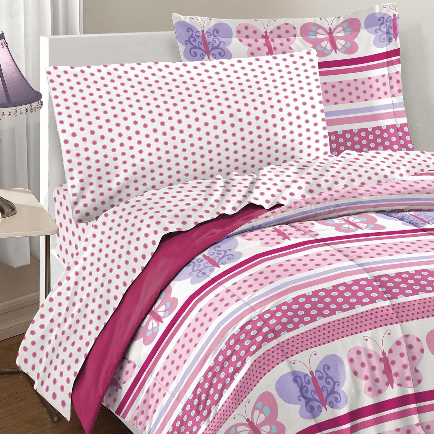 Dream Factory Butterfly Dots Ultra Soft Microfiber Girls Comforter Set, Pink, Twin