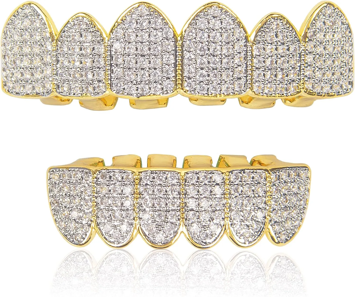 DUNCHATY Diamond Gold Grillz for Men Women - 18k Gold Plated Hip Hop Teeth Grills for Top Bottom - With Molding Bars