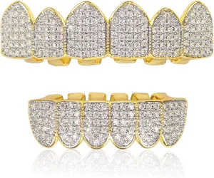 DUNCHATY Diamond Gold Grillz for Men Women - 18k Gold Plated Hip Hop Teeth Grills for Top Bottom - With Molding Bars