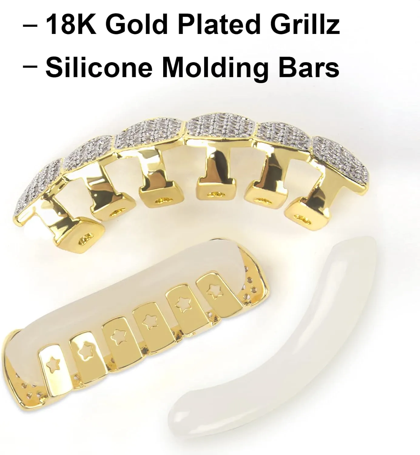 DUNCHATY Diamond Gold Grillz for Men Women - 18k Gold Plated Hip Hop Teeth Grills for Top Bottom - With Molding Bars
