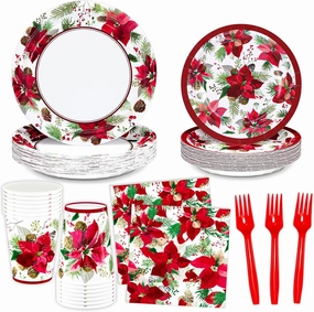 DYLIVeS 120 PCS Christmas Party Decorations Favors Tableware Set - Disposable Plates, Cups, Napkins and Cutlery (Serves 24)
