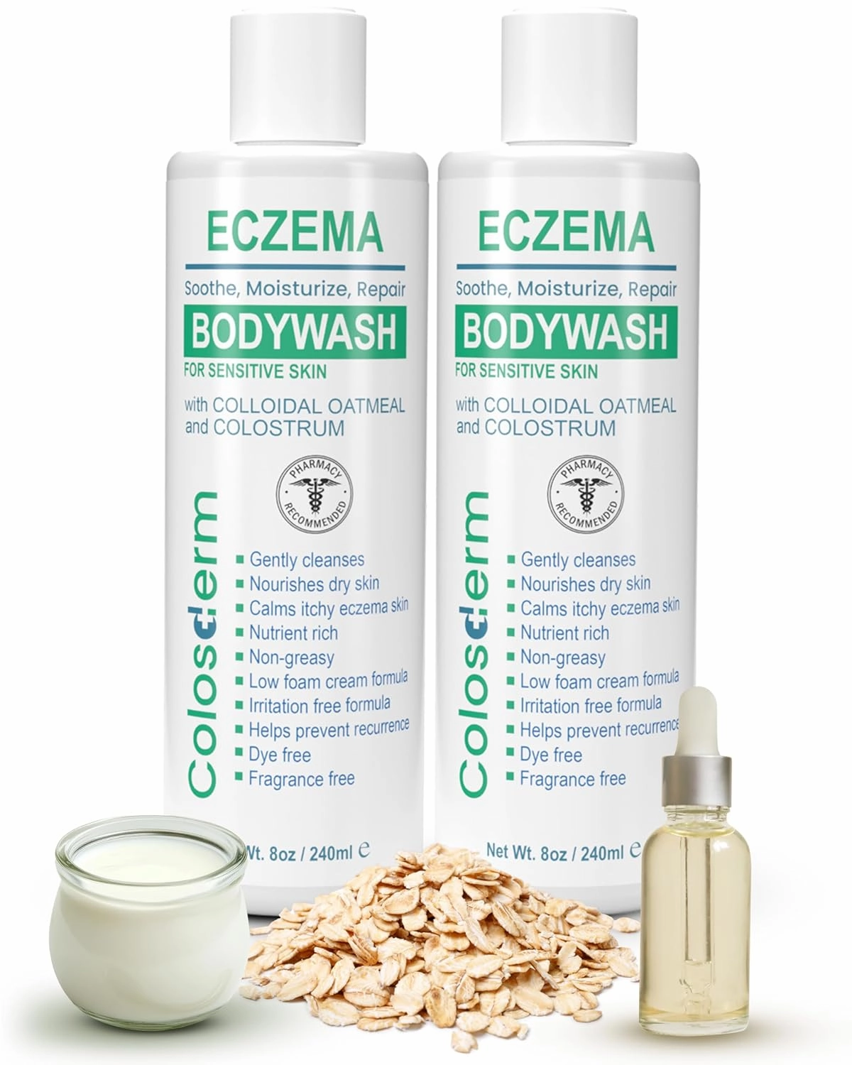 Eczema Body Wash Sensitive Skin for Women & Men - 2 Pack Moisturising Body Wash with Colostrum & Colloidal Oatmeal bath - Gentle Cleanser for Dry Skin, Redness & Irritation, 8 fl. oz./each