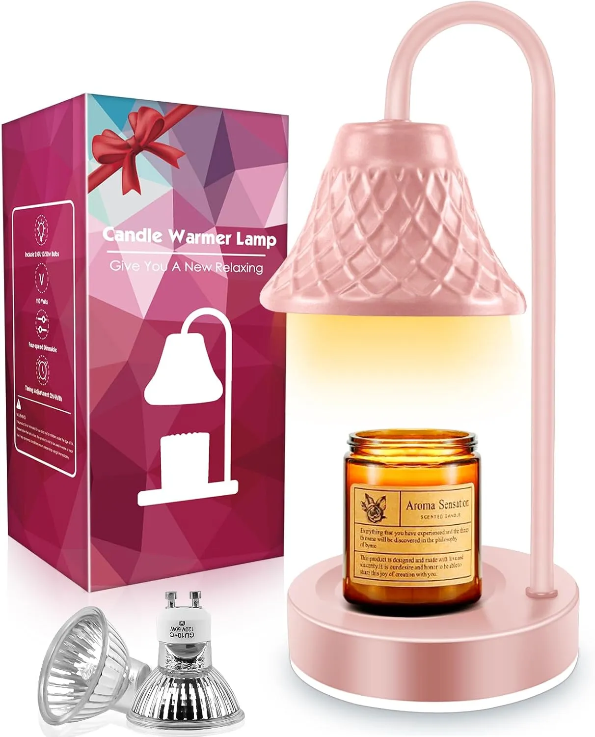 Electric Candle Warmer Lamp with Timer: Dimmable Candles Light with 2 Bulbs for Home Decor - Scented Wax Melt Warmers (Pink)