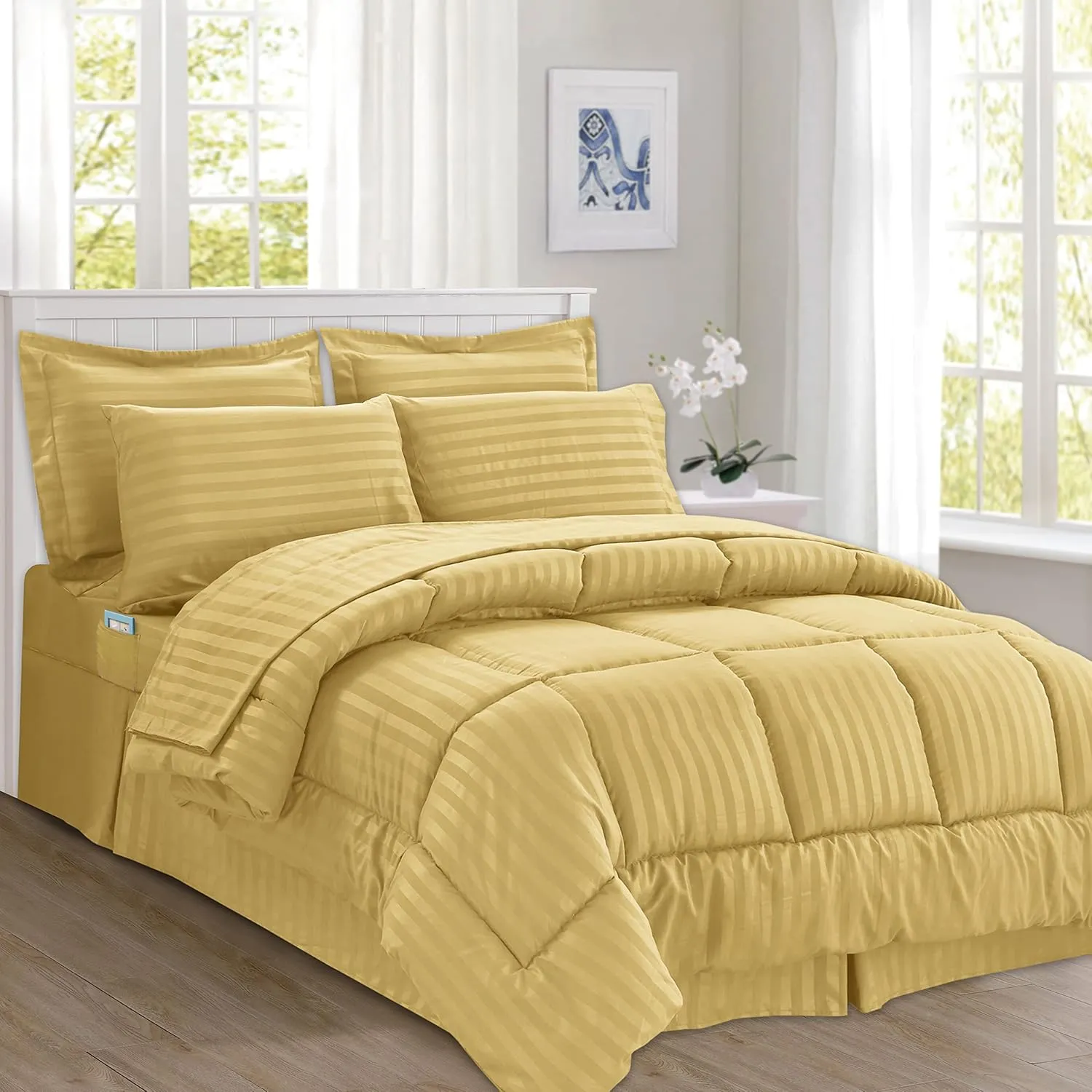 Elegant Comfort Wrinkle Resistant - Silky Soft Dobby Stripe Bed-in-a-Bag 8-Piece Comforter Set - King Gold