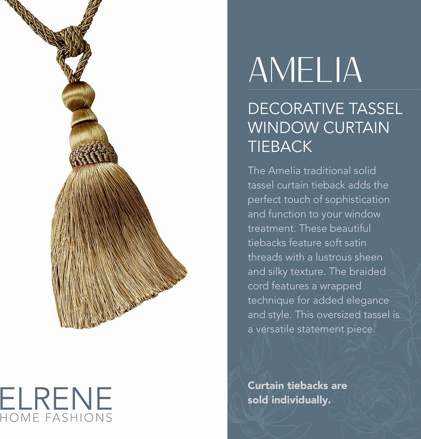 Elrene Home Fashions Amelia Decorative Tassel Window-Curtain Tieback, 24 Inches, Gold