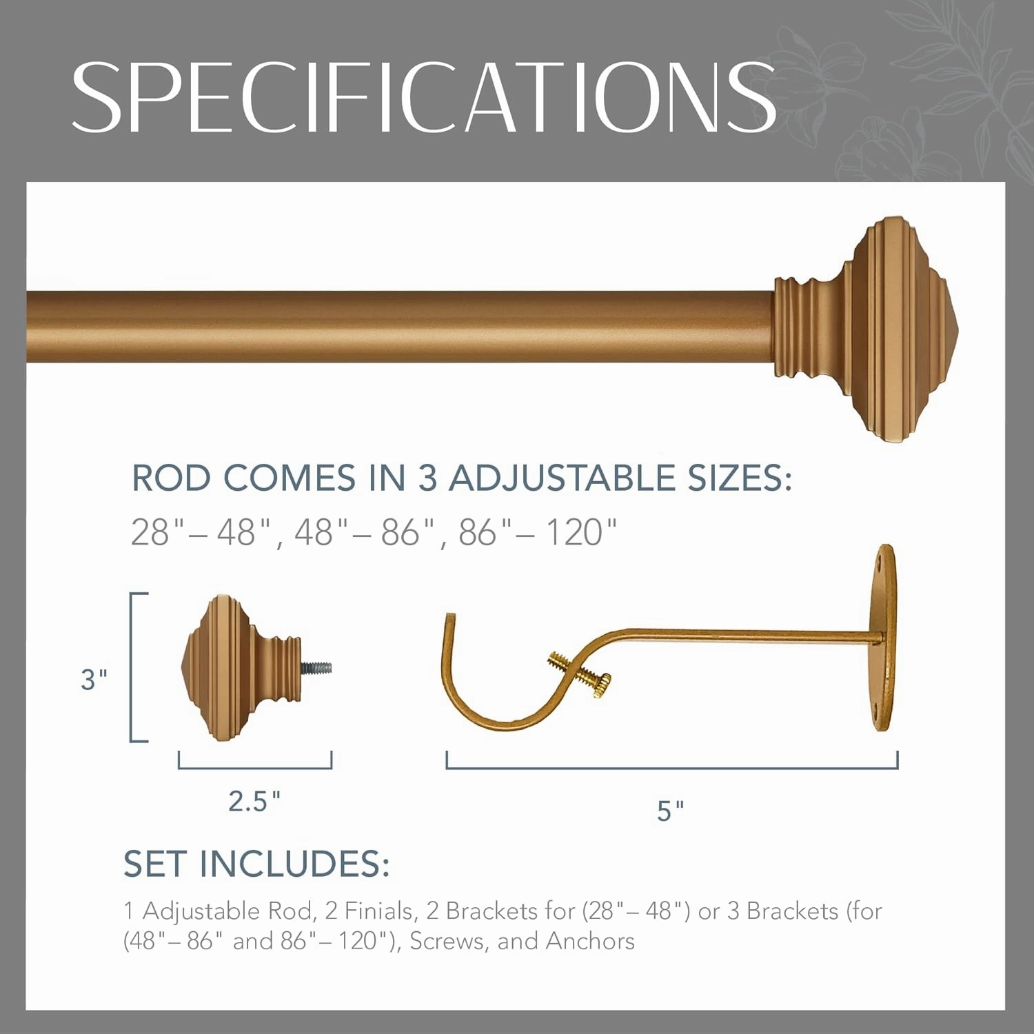 Elrene Home Fashions Florence Single Curtain Rod with Stacked Square Finials, 1" Diameter, (Soft Gold), (48X86)