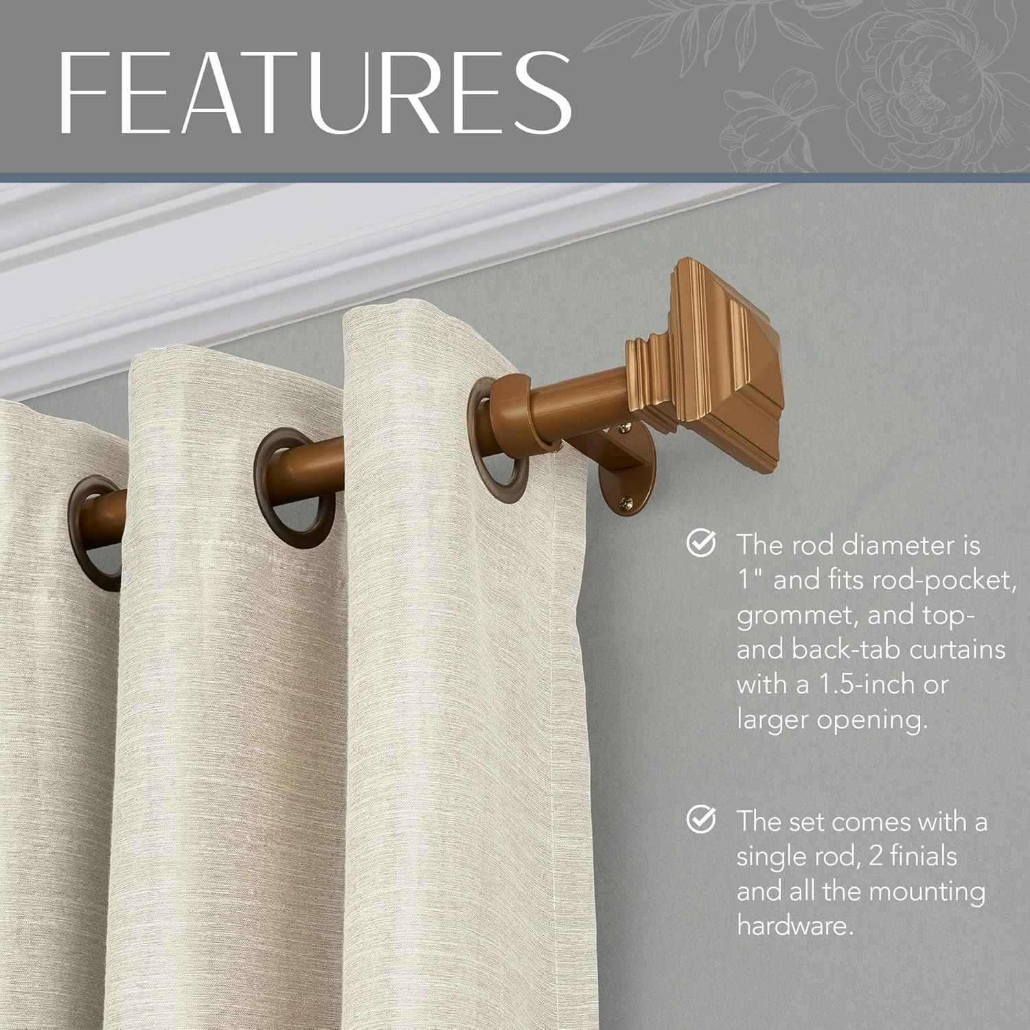 Elrene Home Fashions Florence Single Curtain Rod with Stacked Square Finials, 1" Diameter, (Soft Gold), (48X86)