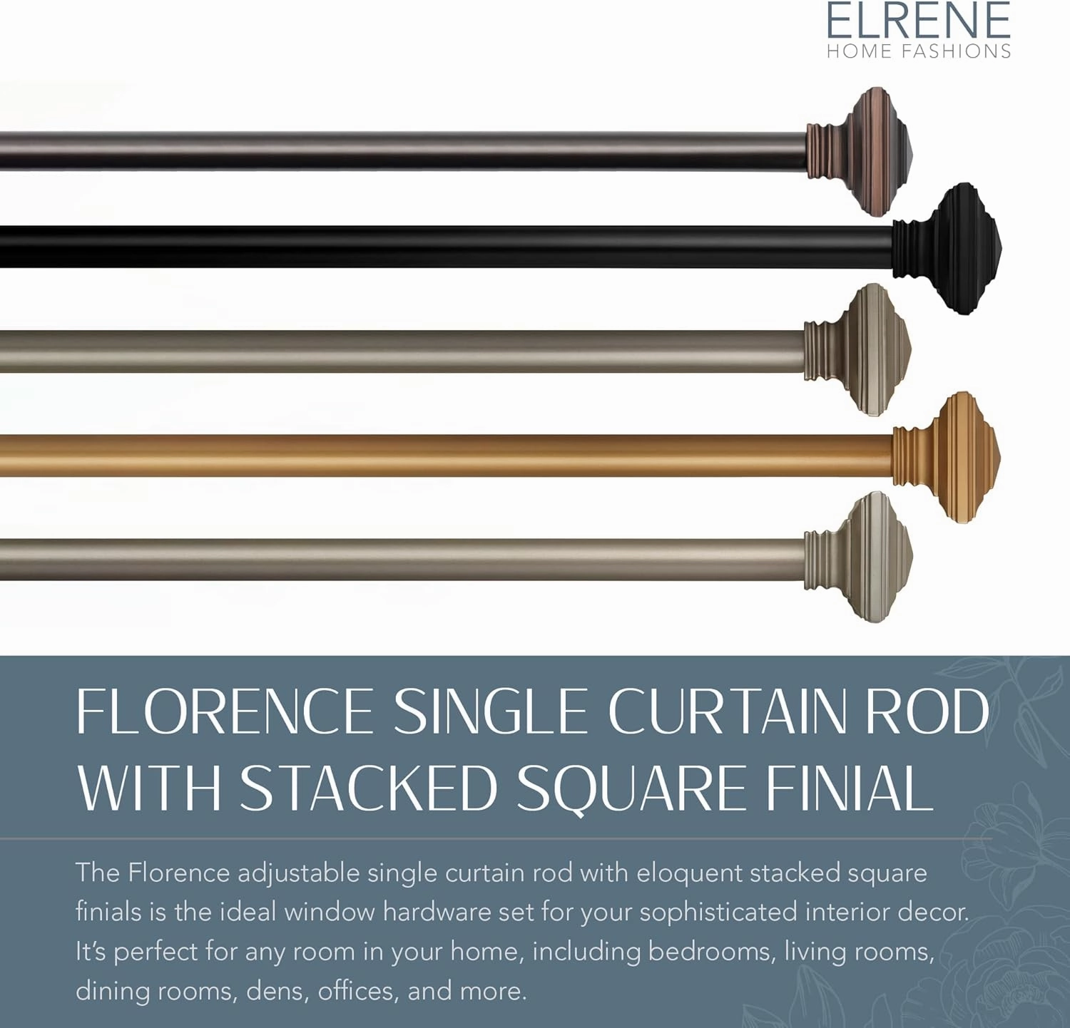 Elrene Home Fashions Florence Single Curtain Rod with Stacked Square Finials, 1" Diameter, (Soft Gold), (48X86)
