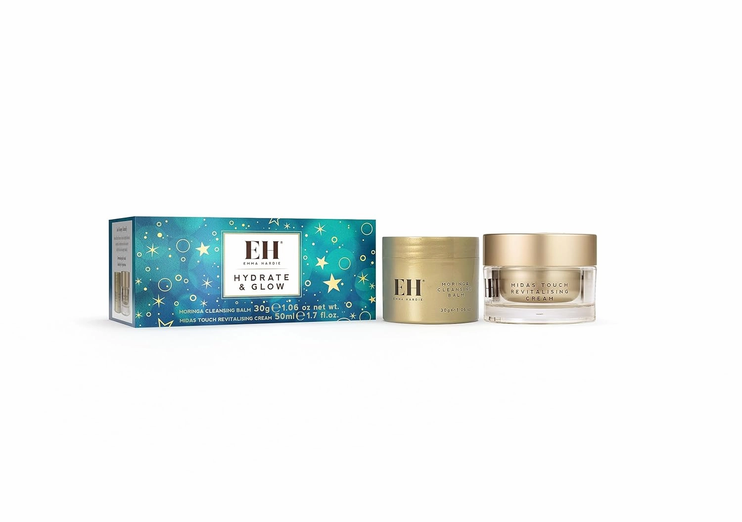 Emma Hardie Hydrate & Glow Gift Set: Travel Size 30ml Moringa Cleansing Balm and Travel Size 50ml Midas Touch Revitalising Face Cream, Dermatologically Tested, Natural and Cruelty Free