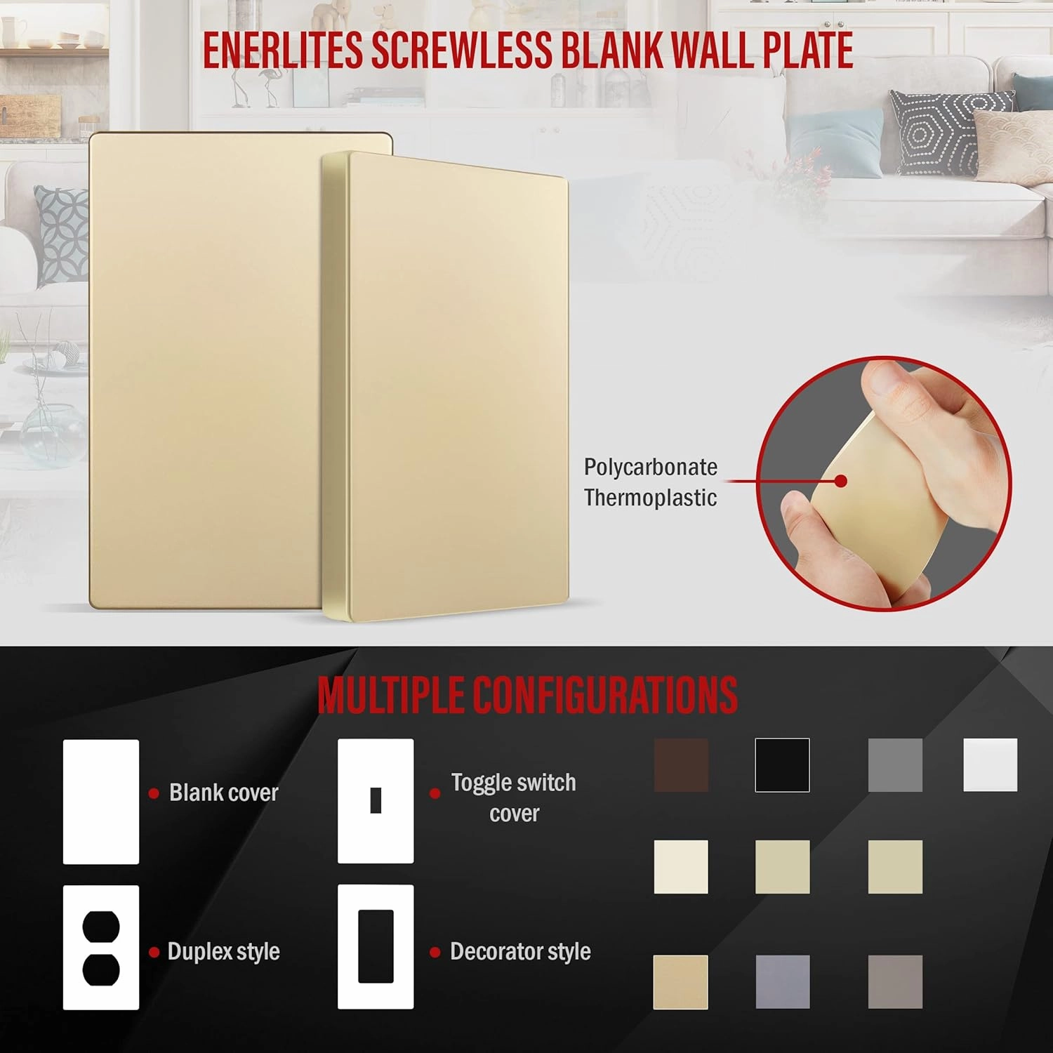 ENERLITES Screwless Blank Wall Plate, Child Safe Blank Device Outlet Cover, Standard Size, 1-Gang 4.68" x 2.93", Polycarbonate Thermoplastic, UL Listed, SI8801-GD, Glossy, Gold