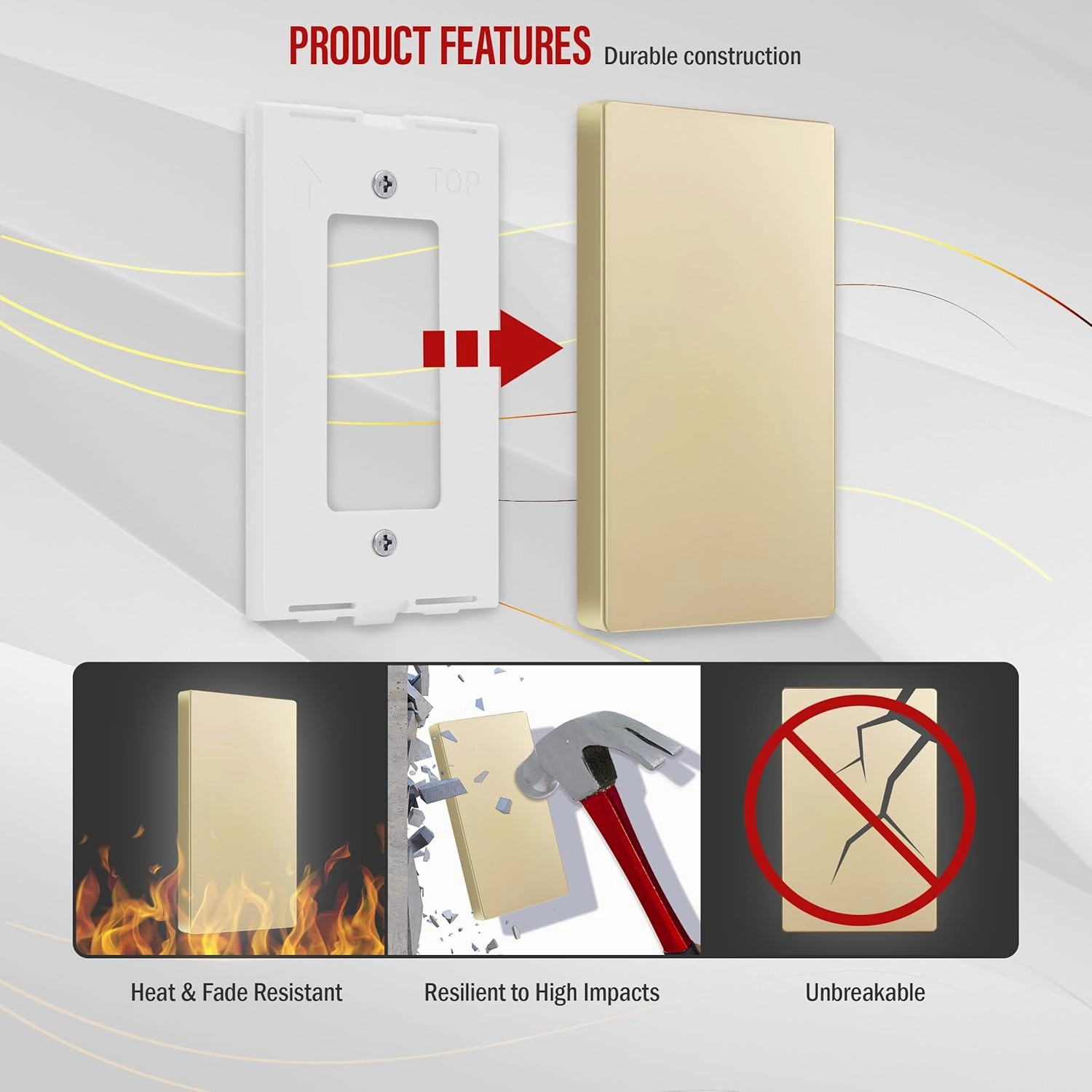 ENERLITES Screwless Blank Wall Plate, Child Safe Blank Device Outlet Cover, Standard Size, 1-Gang 4.68" x 2.93", Polycarbonate Thermoplastic, UL Listed, SI8801-GD, Glossy, Gold