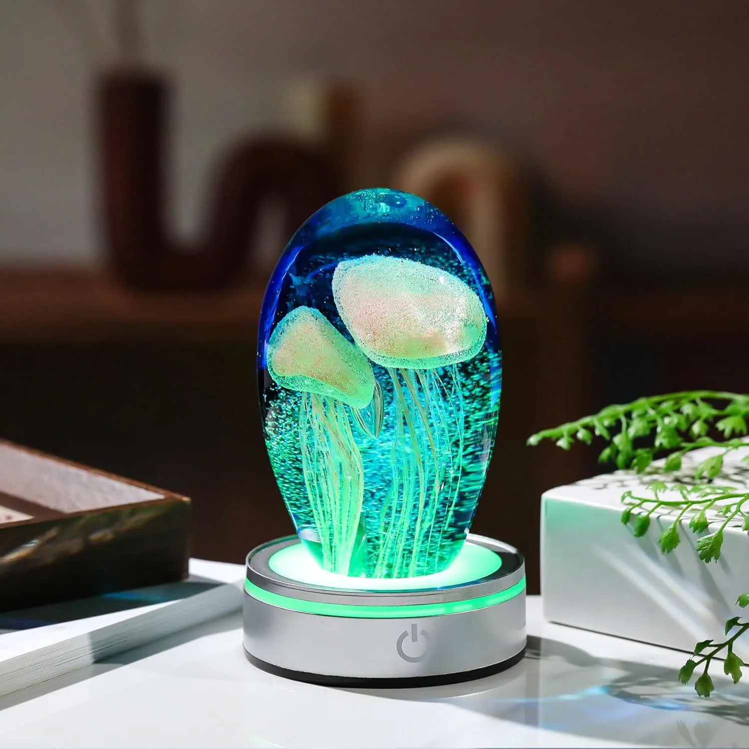 Enjinkail Hand Blown Glass Jellyfish Lamp - Ocean Themed Crystal Ball Desk Decor with LED Light, Aquarium & Beach Room Decoration, Collectible Figurine Paperweight Gift for Women (Pink)