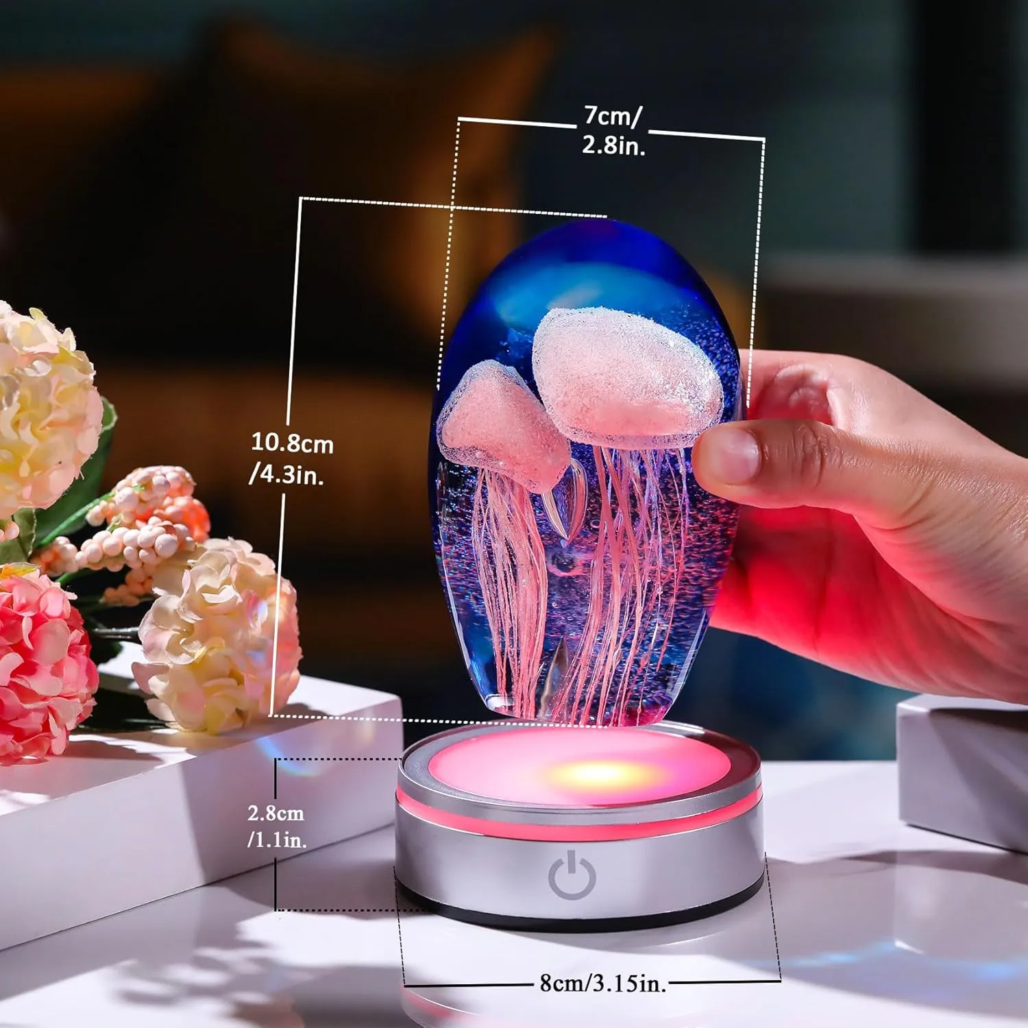 Enjinkail Hand Blown Glass Jellyfish Lamp - Ocean Themed Crystal Ball Desk Decor with LED Light, Aquarium & Beach Room Decoration, Collectible Figurine Paperweight Gift for Women (Pink)