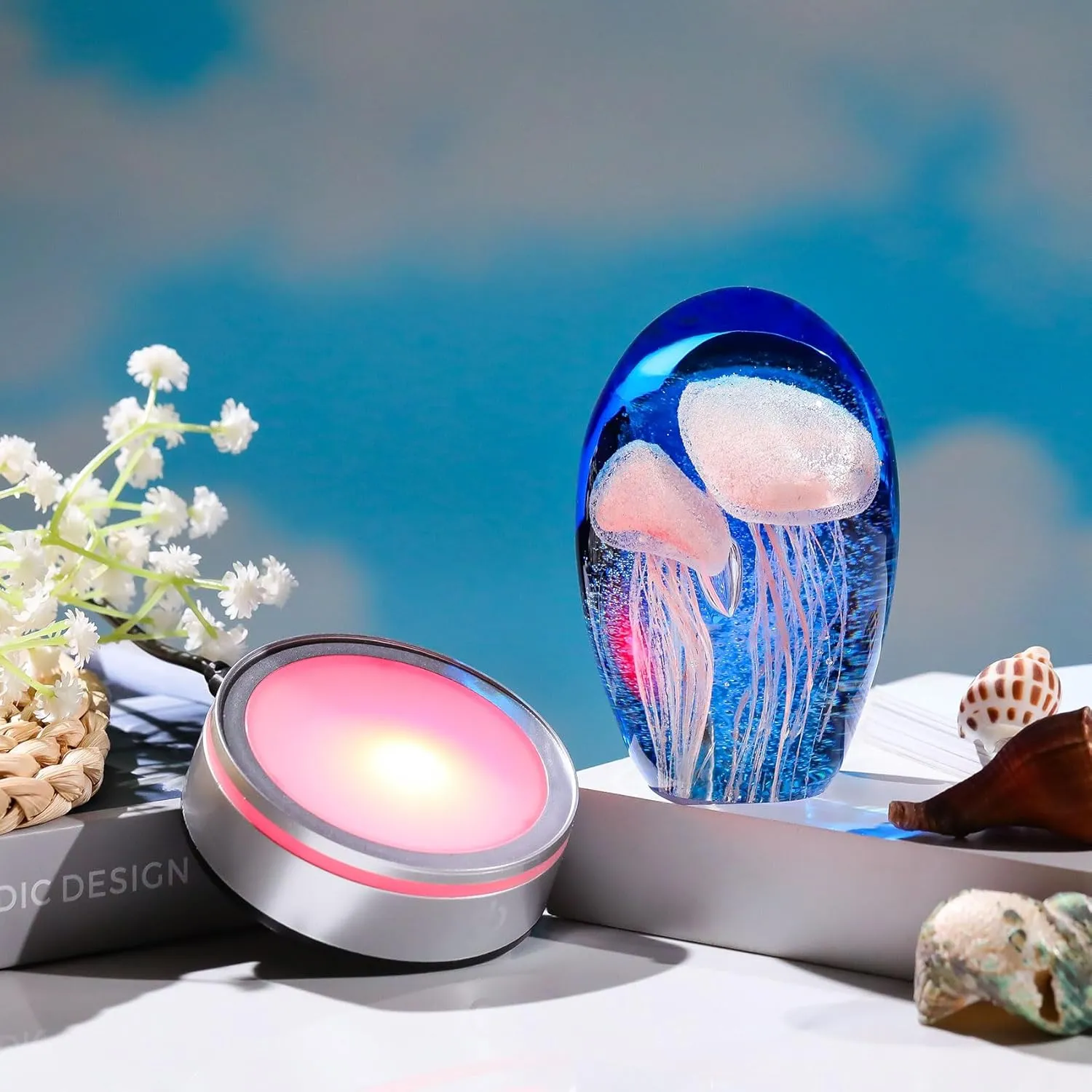 Enjinkail Hand Blown Glass Jellyfish Lamp - Ocean Themed Crystal Ball Desk Decor with LED Light, Aquarium & Beach Room Decoration, Collectible Figurine Paperweight Gift for Women (Pink)