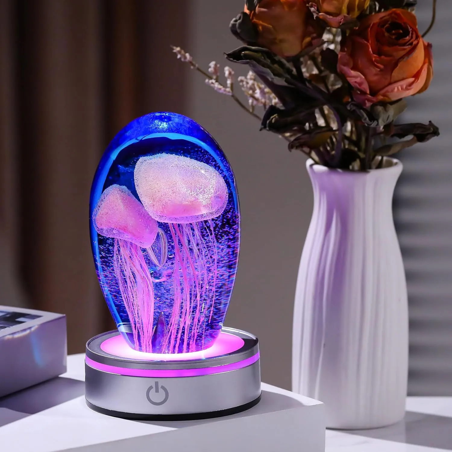 Enjinkail Hand Blown Glass Jellyfish Lamp - Ocean Themed Crystal Ball Desk Decor with LED Light, Aquarium & Beach Room Decoration, Collectible Figurine Paperweight Gift for Women (Pink)