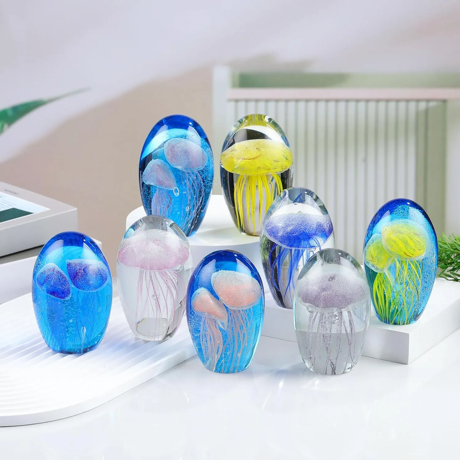 Enjinkail Hand Blown Glass Jellyfish Lamp - Ocean Themed Crystal Ball Desk Decor with LED Light, Aquarium & Beach Room Decoration, Collectible Figurine Paperweight Gift for Women (Pink)