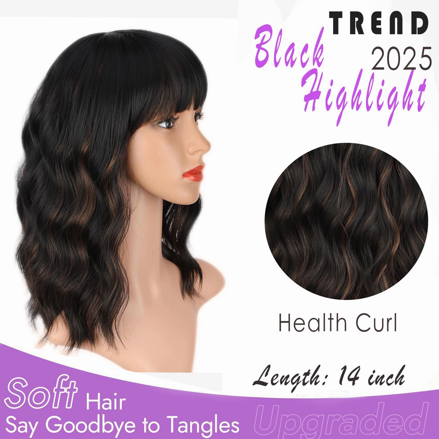 ENTRANCED STYLES Black Bob Wavy Wig with Bangs Black Highlight Short Wavy Wig 14inch Synthetic Fibre Wigs for Women Girls Daily Party Holiday Festival Chrismas Use
