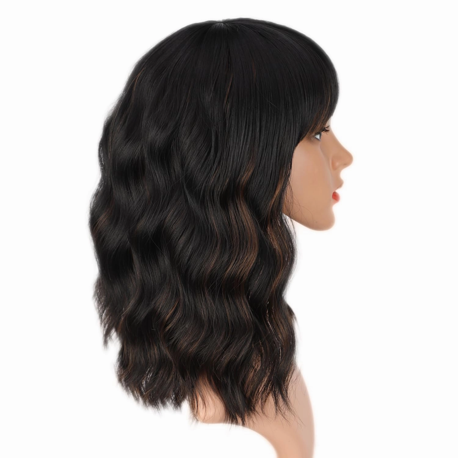 ENTRANCED STYLES Black Bob Wavy Wig with Bangs Black Highlight Short Wavy Wig 14inch Synthetic Fibre Wigs for Women Girls Daily Party Holiday Festival Chrismas Use