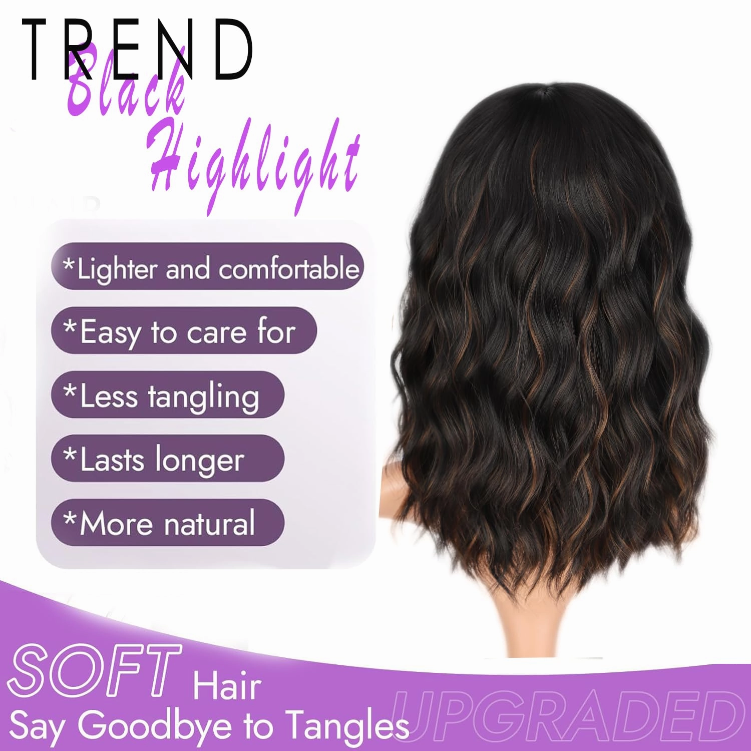 ENTRANCED STYLES Black Bob Wavy Wig with Bangs Black Highlight Short Wavy Wig 14inch Synthetic Fibre Wigs for Women Girls Daily Party Holiday Festival Chrismas Use