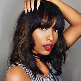 ENTRANCED STYLES Black Bob Wavy Wig with Bangs Black Highlight Short Wavy Wig 14inch Synthetic Fibre Wigs for Women Girls Daily Party Holiday Festival Chrismas Use