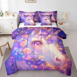 Erosebridal Unicorn 7 Pcs Comforter Set Queen,Pink Flowers Bed in a Bag with Flat Sheet and Fitted Sheet,Romantic Sparkle Galaxy Stars Bedding Set with Pillowcase & Sham Unicorn Reversible Purple