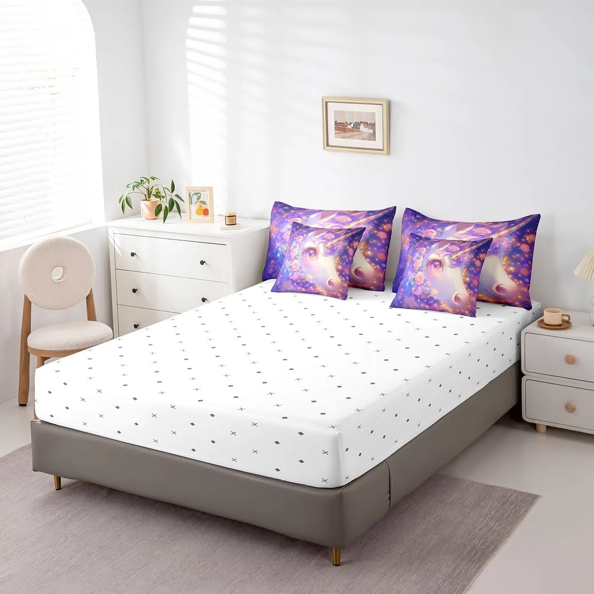Erosebridal Unicorn 7 Pcs Comforter Set Queen,Pink Flowers Bed in a Bag with Flat Sheet and Fitted Sheet,Romantic Sparkle Galaxy Stars Bedding Set with Pillowcase & Sham Unicorn Reversible Purple