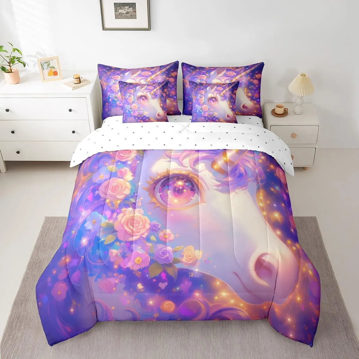 Erosebridal Unicorn 7 Pcs Comforter Set Queen,Pink Flowers Bed in a Bag with Flat Sheet and Fitted Sheet,Romantic Sparkle Galaxy Stars Bedding Set with Pillowcase & Sham Unicorn Reversible Purple