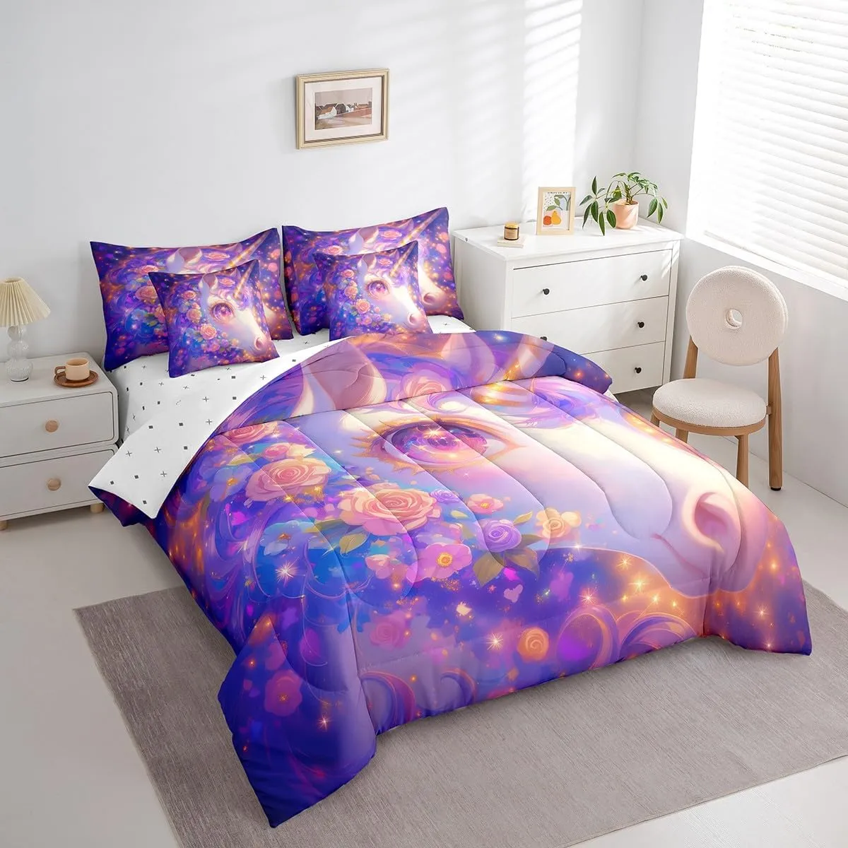 Erosebridal Unicorn 7 Pcs Comforter Set Queen,Pink Flowers Bed in a Bag with Flat Sheet and Fitted Sheet,Romantic Sparkle Galaxy Stars Bedding Set with Pillowcase & Sham Unicorn Reversible Purple