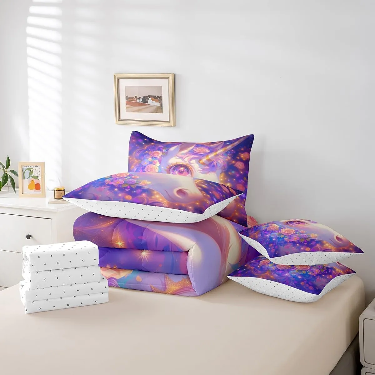 Erosebridal Unicorn 7 Pcs Comforter Set Queen,Pink Flowers Bed in a Bag with Flat Sheet and Fitted Sheet,Romantic Sparkle Galaxy Stars Bedding Set with Pillowcase & Sham Unicorn Reversible Purple