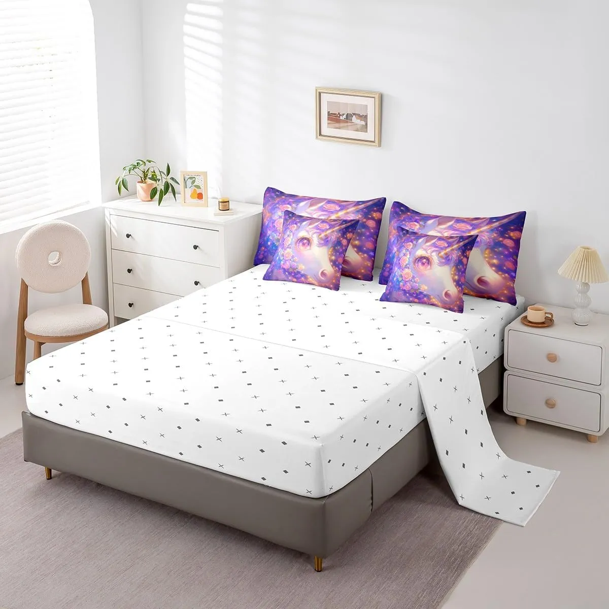 Erosebridal Unicorn 7 Pcs Comforter Set Queen,Pink Flowers Bed in a Bag with Flat Sheet and Fitted Sheet,Romantic Sparkle Galaxy Stars Bedding Set with Pillowcase & Sham Unicorn Reversible Purple