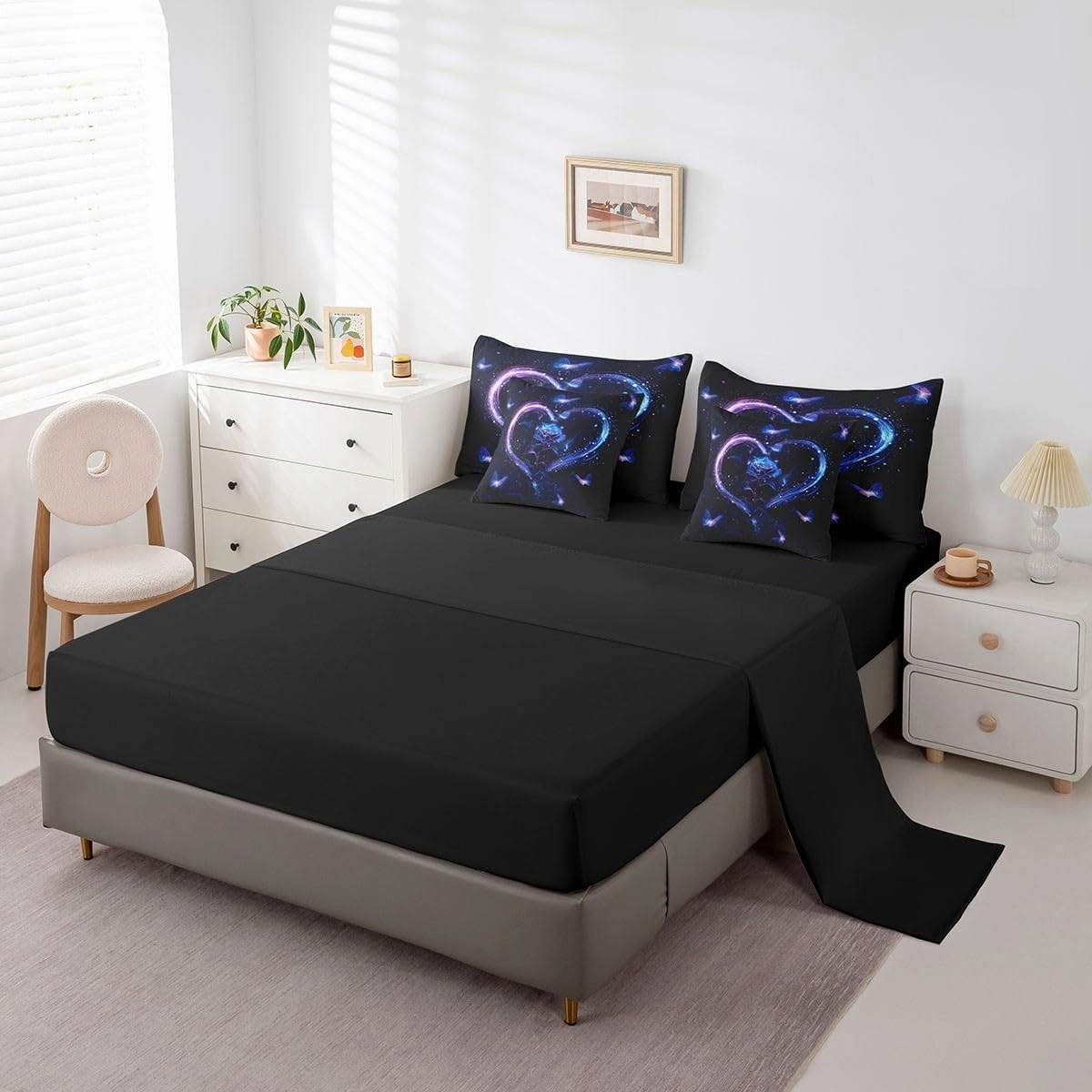 Erosebridal Purple Blue Rose Queen Comforter Set for Girls Women,Butterfly Rose Flower Bed in a Bag 7 Piece for Couples Bedroom Decor,Romantic Love Heart Bedding Set Valentines Day Wedding Gifts