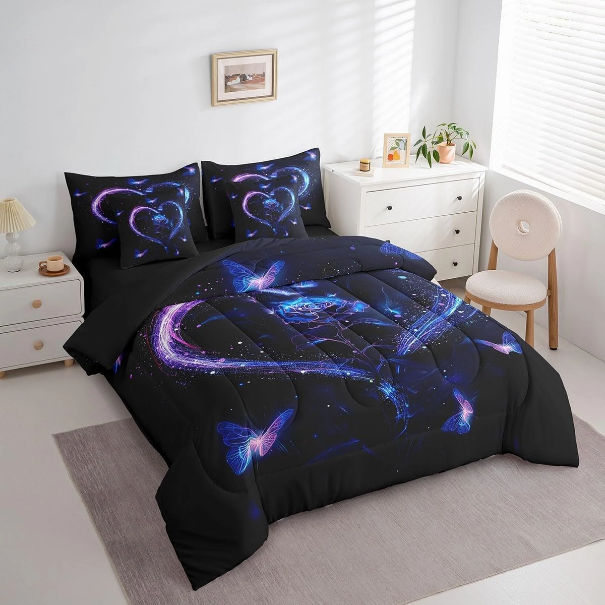Erosebridal Purple Blue Rose Queen Comforter Set for Girls Women,Butterfly Rose Flower Bed in a Bag 7 Piece for Couples Bedroom Decor,Romantic Love Heart Bedding Set Valentines Day Wedding Gifts