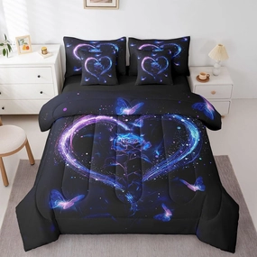 Erosebridal Purple Blue Rose Queen Comforter Set for Girls Women,Butterfly Rose Flower Bed in a Bag 7 Piece for Couples Bedroom Decor,Romantic Love Heart Bedding Set Valentines Day Wedding Gifts