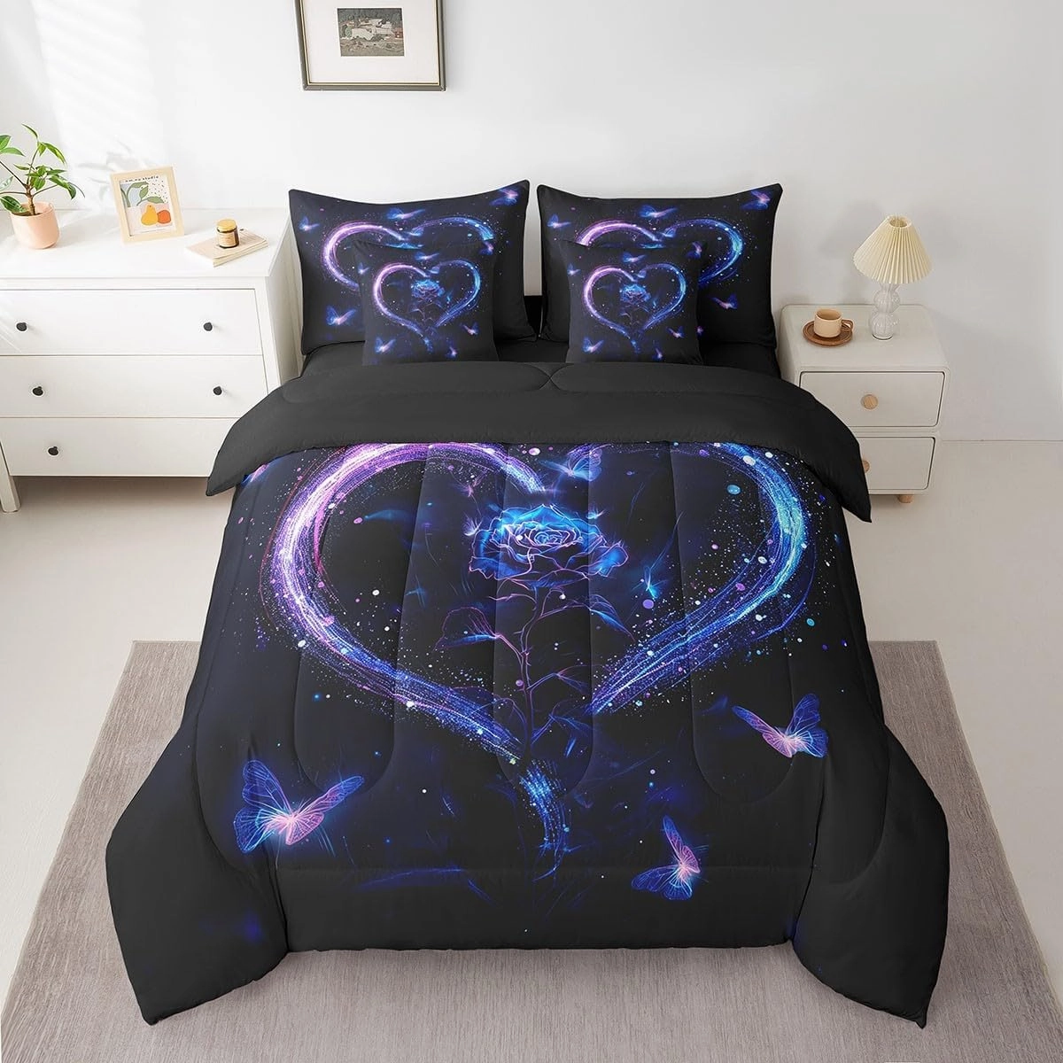 Erosebridal Purple Blue Rose Queen Comforter Set for Girls Women,Butterfly Rose Flower Bed in a Bag 7 Piece for Couples Bedroom Decor,Romantic Love Heart Bedding Set Valentines Day Wedding Gifts