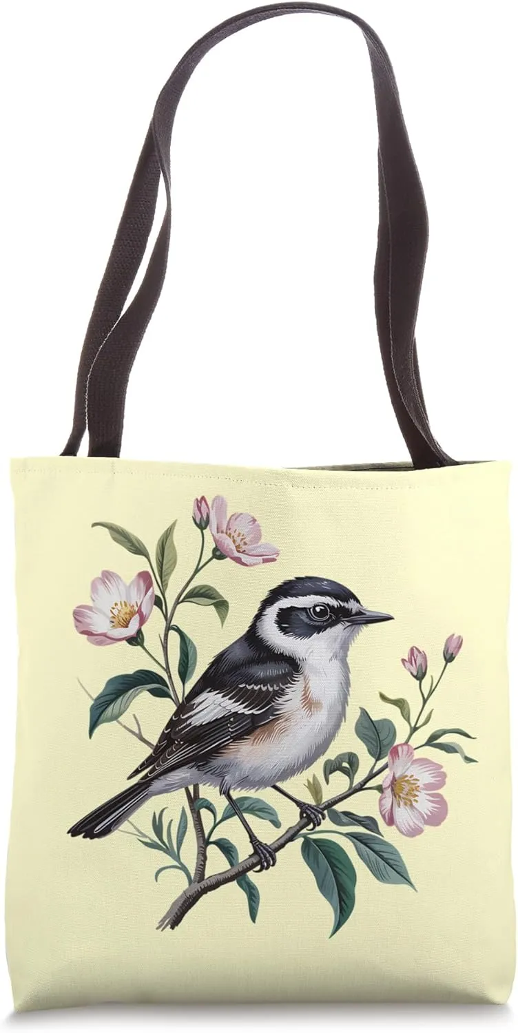European Pied Flycatcher on Botanical Branch Bird Art Tote Bag