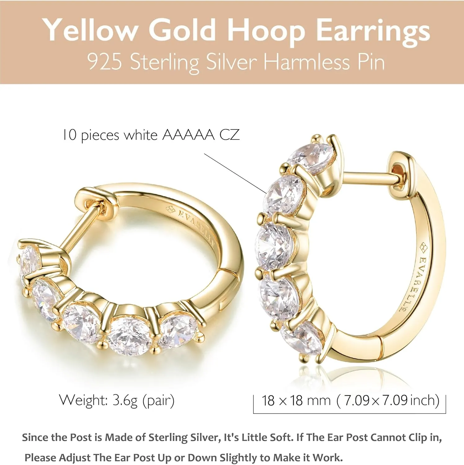 Evabelle Gold Hoop Earrings for Women 14K Real Gold Plated Cubic Zirconia Diamond Hoop Earrings Huggie Hoop Earring Women Earrings Hoop Earring for Men 925 Sterling Silver Post Hypoallergenic